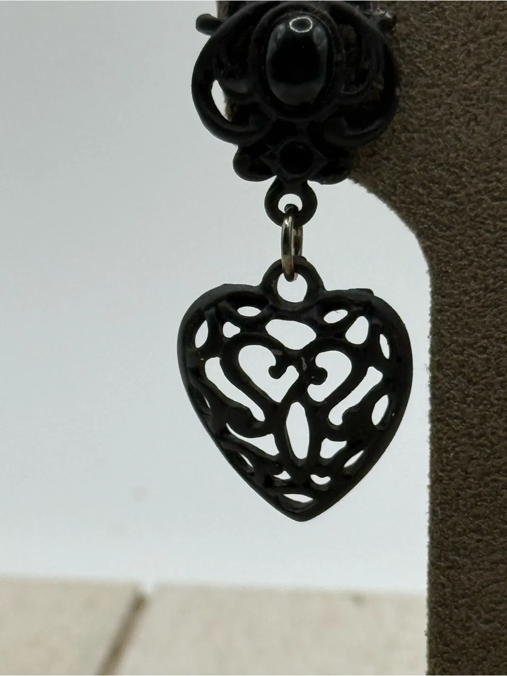 Vintage Black Filigree Heart Drop Earrings